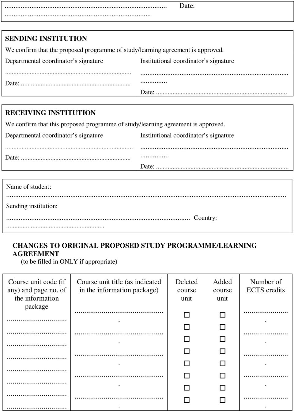 coordinator s signature Date: Name of student: Sending institution: Country: CHANGES TO ORIGINAL PROPOSED STUDY PROGRAMME/LEARNING AGREEMENT (to be filled in ONLY if appropriate)