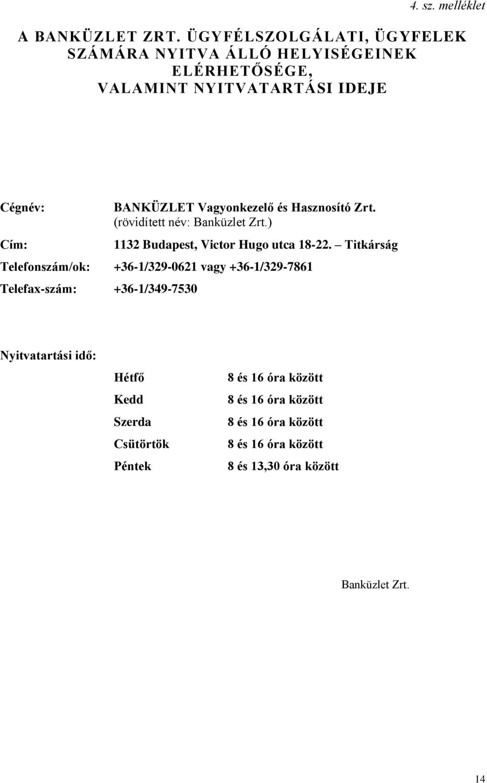 Vagyonkezelő és Hasznosító Zrt. (rövidített név: Banküzlet Zrt.) 1132 Budapest, Victor Hugo utca 18-22.