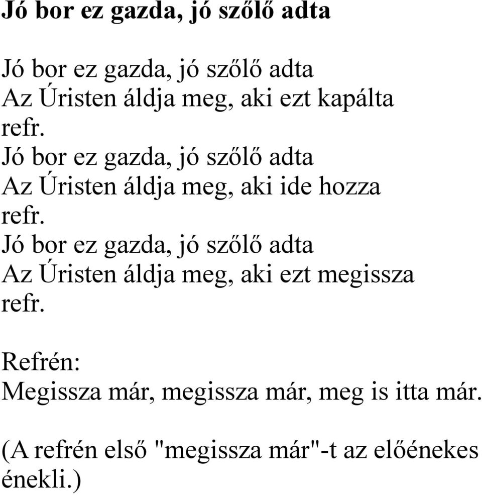 Jó bor ez gazda, jó szőlő adta Az Úristen áldja meg, aki ezt megissza refr.