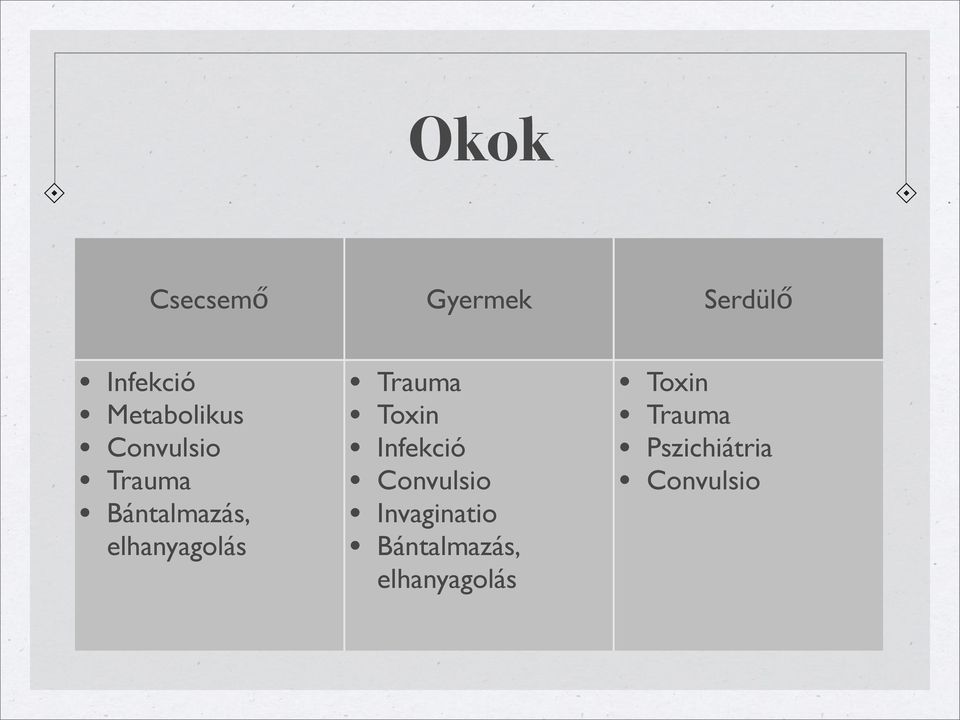 elhanyagolás Trauma Toxin Infekció Convulsio