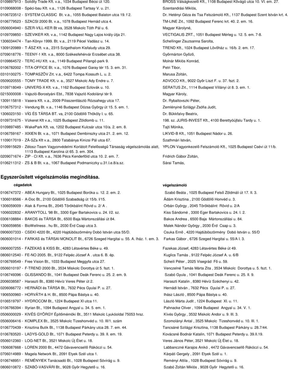 v.a., 1078 Budapest Hernád utca 4. TM-LINE Zrt., 1092 Budapest Ferenc krt. 40. 2. em. 16. 0506004940 - SZER-VILL-KER Bt va, 3528 Miskolc Tóth Pál u. 6. Magyar Károlyné, 0109709850 - SZEVIKER Kft. v.a., 1142 Budapest Nagy Lajos király útja 21.
