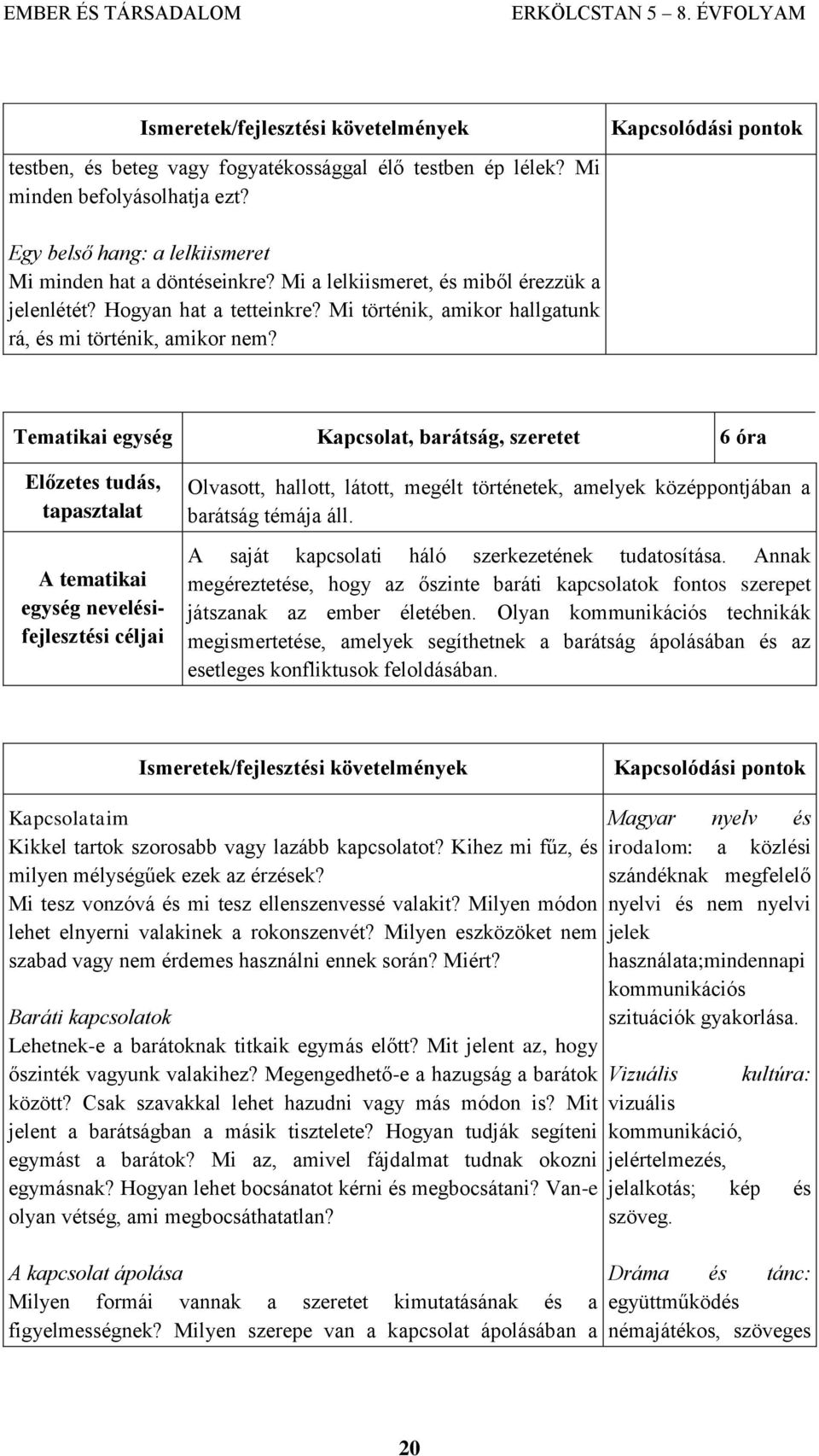 Kapcsolat, barátság, szeretet 6 óra A tematikai egység nevelésifejlesztési Olvasott, hallott, látott, megélt történetek, amelyek középpontjában a barátság témája áll.