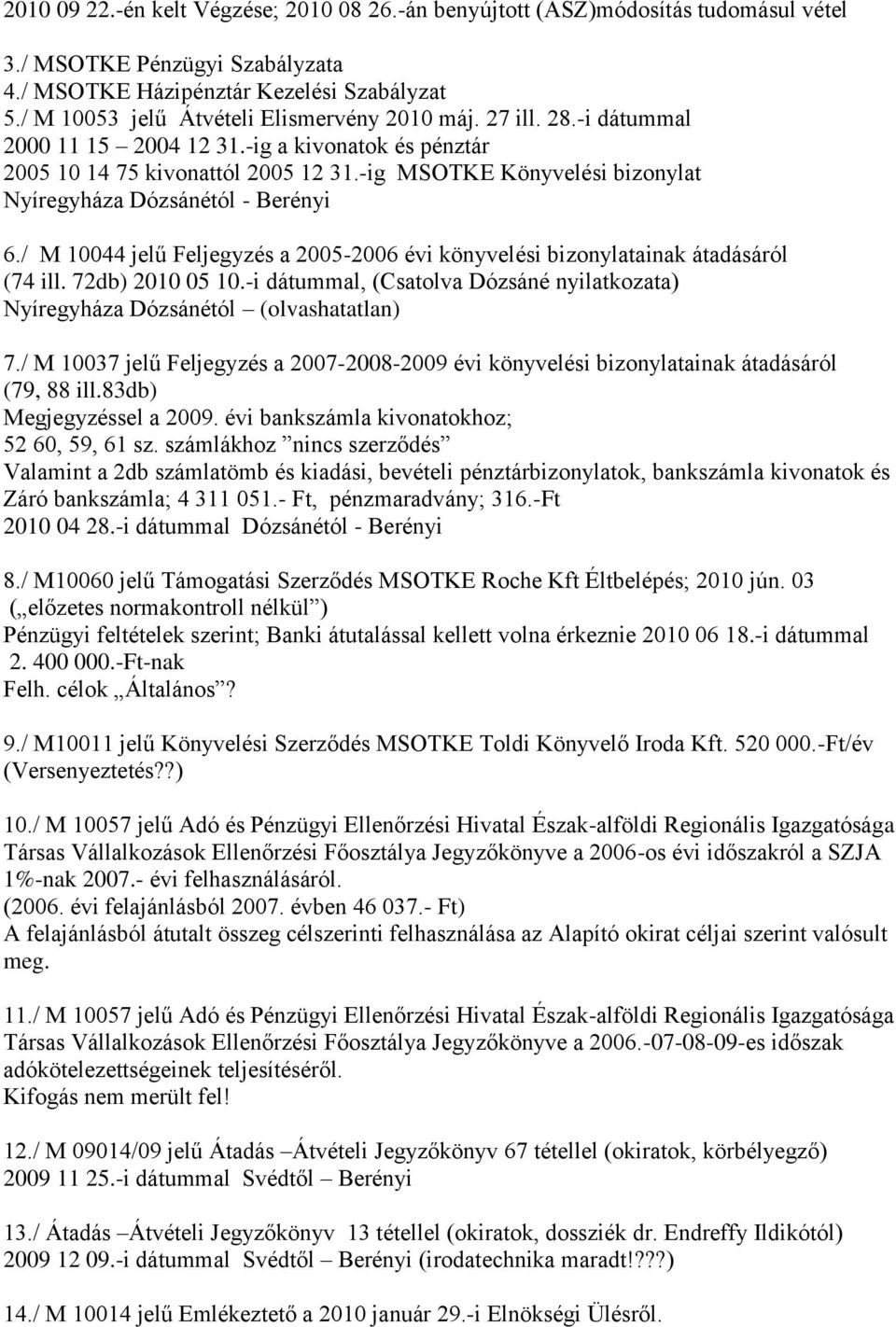 -ig MSOTKE Könyvelési bizonylat Nyíregyháza Dózsánétól - Berényi 6./ M 10044 jelű Feljegyzés a 2005-2006 évi könyvelési bizonylatainak átadásáról (74 ill. 72db) 2010 05 10.