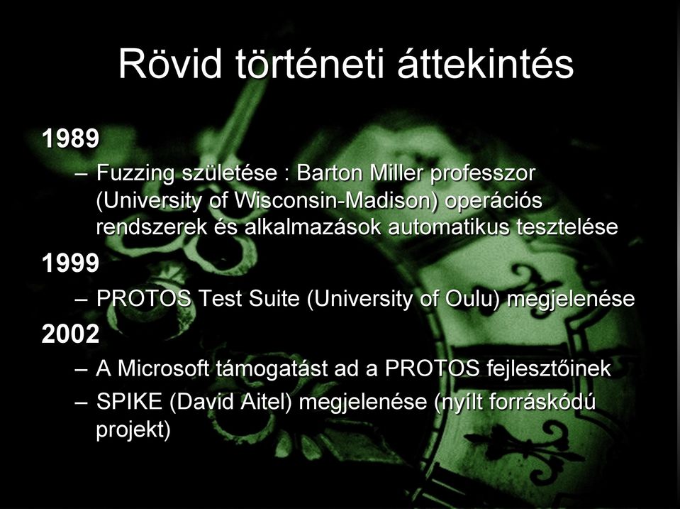 tesztelése 1999 2002 PROTOS Test Suite (University of Oulu) megjelenése A Microsoft