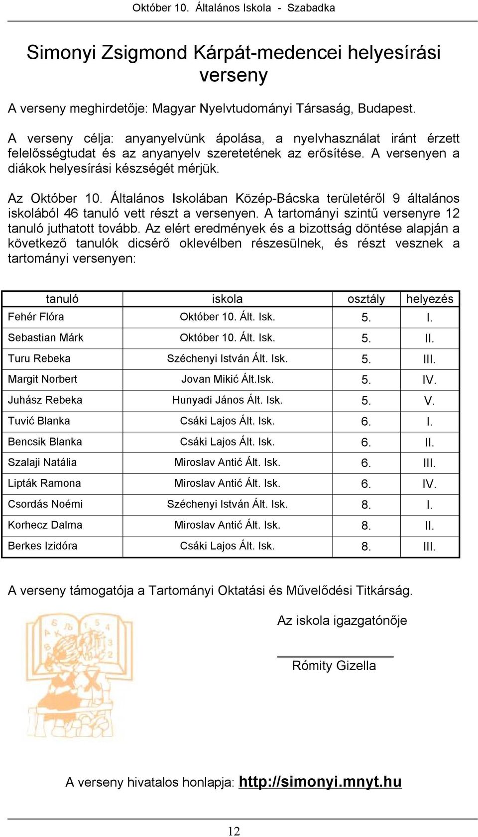 Általános Iskolában Közép-Bácska területéről 9 általános iskolából 46 tanuló vett részt a versenyen. A tartományi szintű versenyre 12 tanuló juthatott tovább.