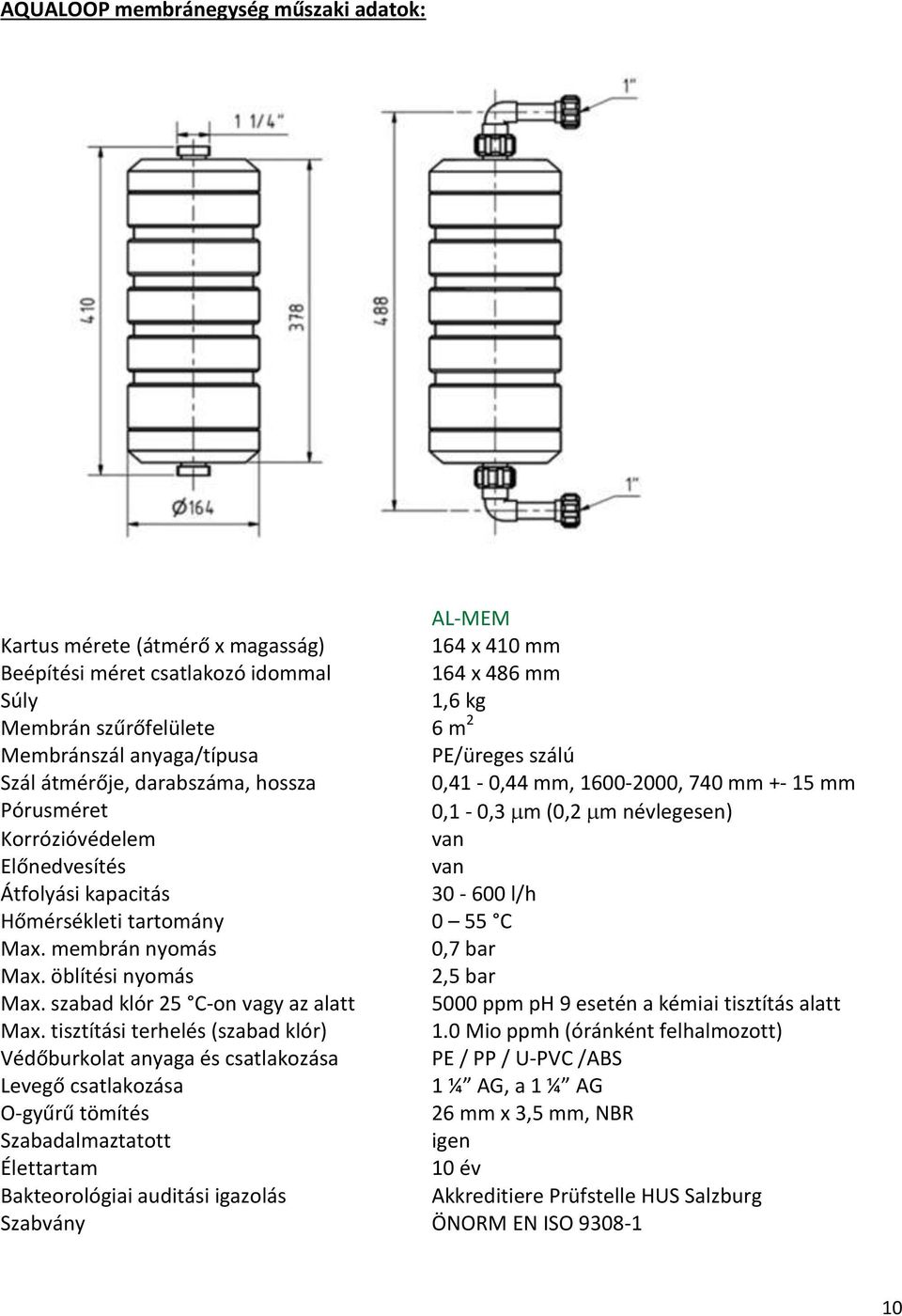 kapacitás 30-600 l/h Hőmérsékleti tartomány 0 55 C Max. membrán nyomás 0,7 bar Max. öblítési nyomás 2,5 bar Max. szabad klór 25 C-on vagy az alatt 5000 ppm ph 9 esetén a kémiai tisztítás alatt Max.