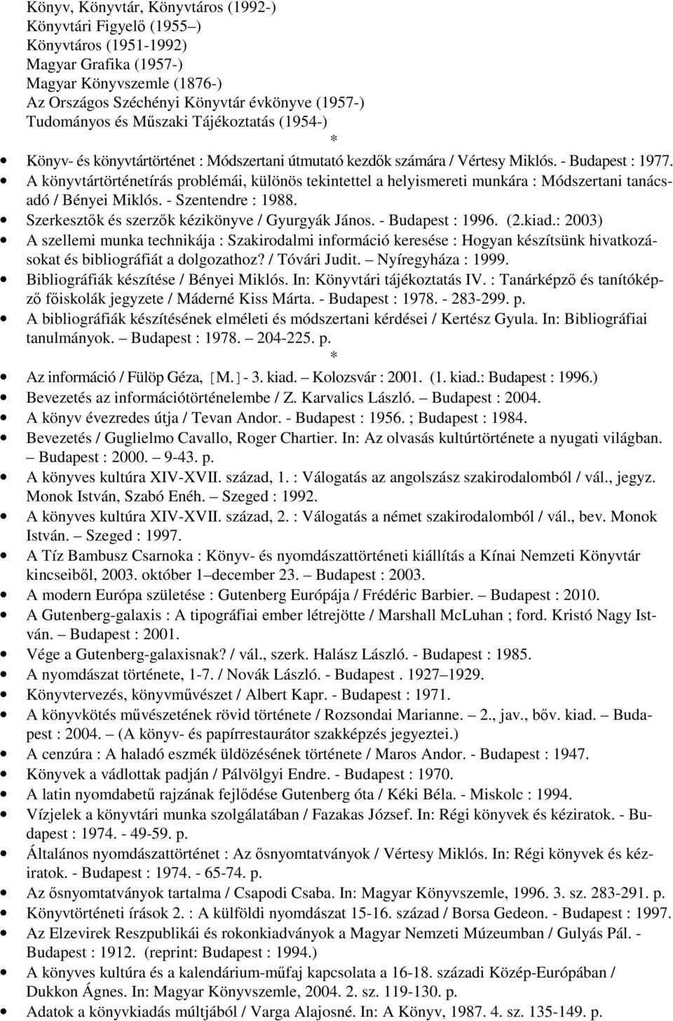 A könyvtártörténetírás problémái, különös tekintettel a helyismereti munkára : Módszertani tanácsadó / Bényei Miklós. - Szentendre : 1988. Szerkesztık és szerzık kézikönyve / Gyurgyák János.