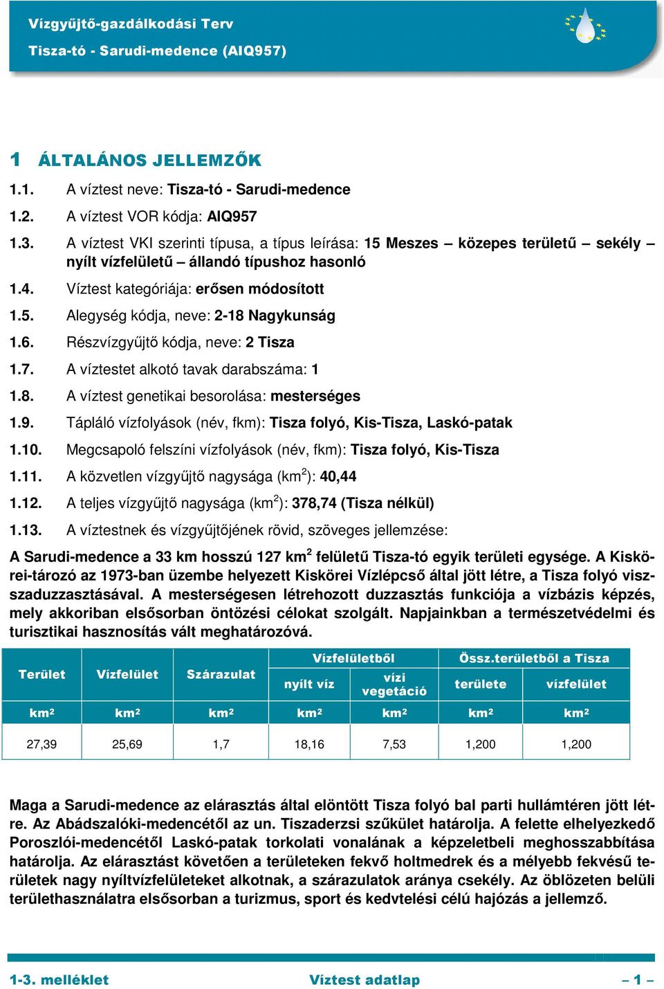 6. Részvízgyűjtő kódja, neve: 2 Tisza 1.7. A víztestet alkotó tavak darabszáma: 1 1.8. A víztest genetikai besorolása: mesterséges 1.9.