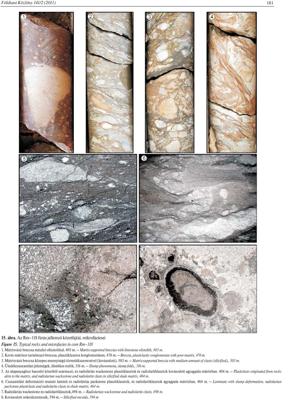 Breccia, plasticlastic conglomerate with poor matrix, 470 m. 3. Mátrixvázú breccsa közepes mennyiségű törmelékszemcsével (kovásodott), 503 m.