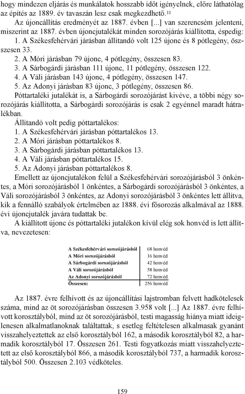 A Móri járásban 79 újonc, 4 pótlegény, összesen 83. 3. A Sárbogárdi járásban 111 újonc, 11 pótlegény, összesen 122. 4. A Váli járásban 143 újonc, 4 pótlegény, összesen 147. 5.