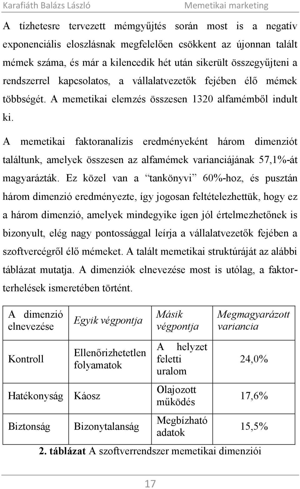 A memetikai faktoranalízis eredményeként három dimenziót találtunk, amelyek összesen az alfamémek varianciájának 57,1%-át magyarázták.