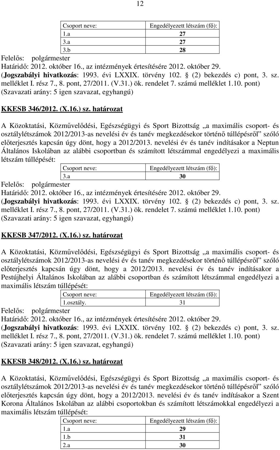 határozat előterjesztés kapcsán úgy dönt, hogy a 2012/2013.