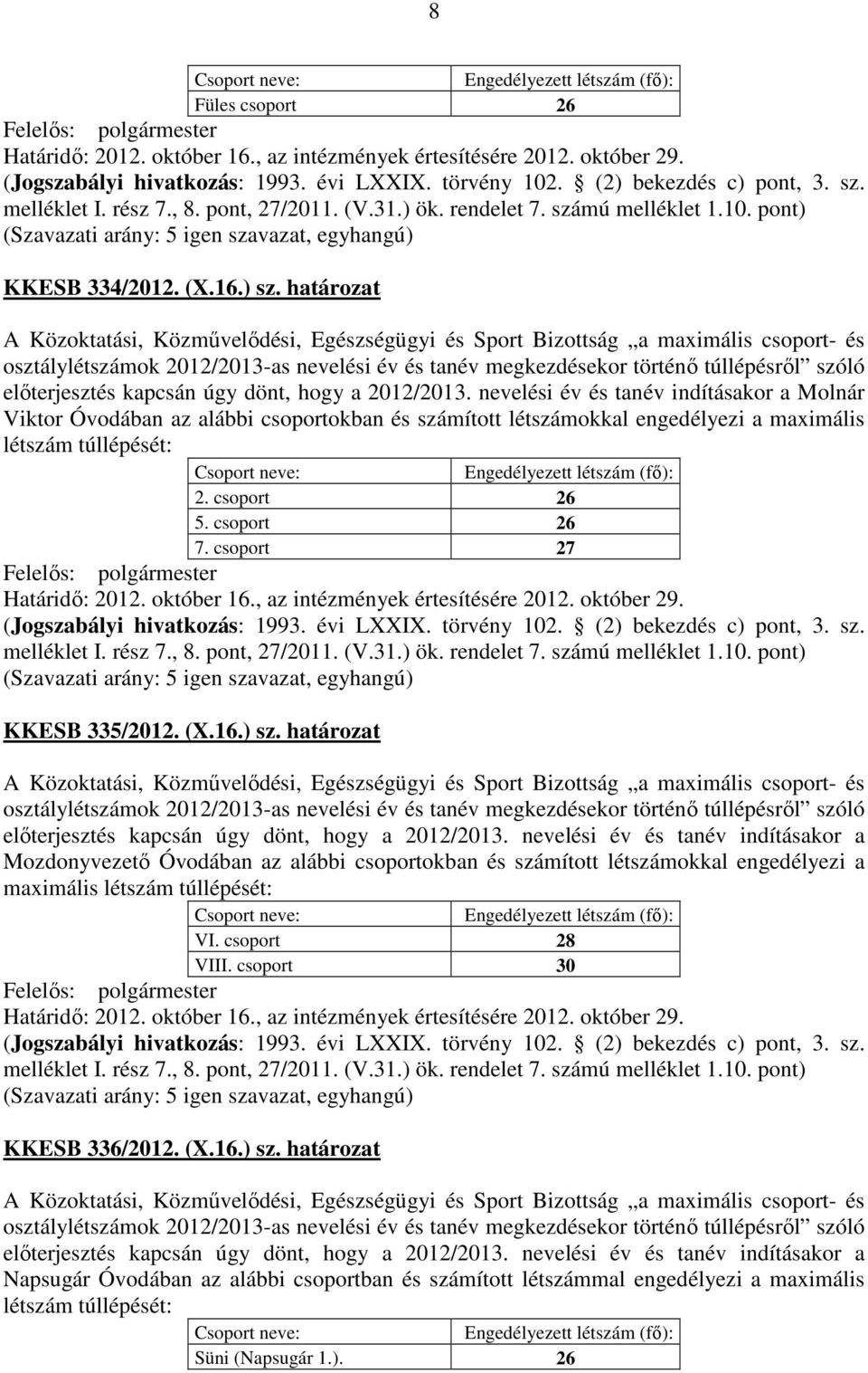 csoport 27 KKESB 335/2012. (X.16.) sz. határozat előterjesztés kapcsán úgy dönt, hogy a 2012/2013.