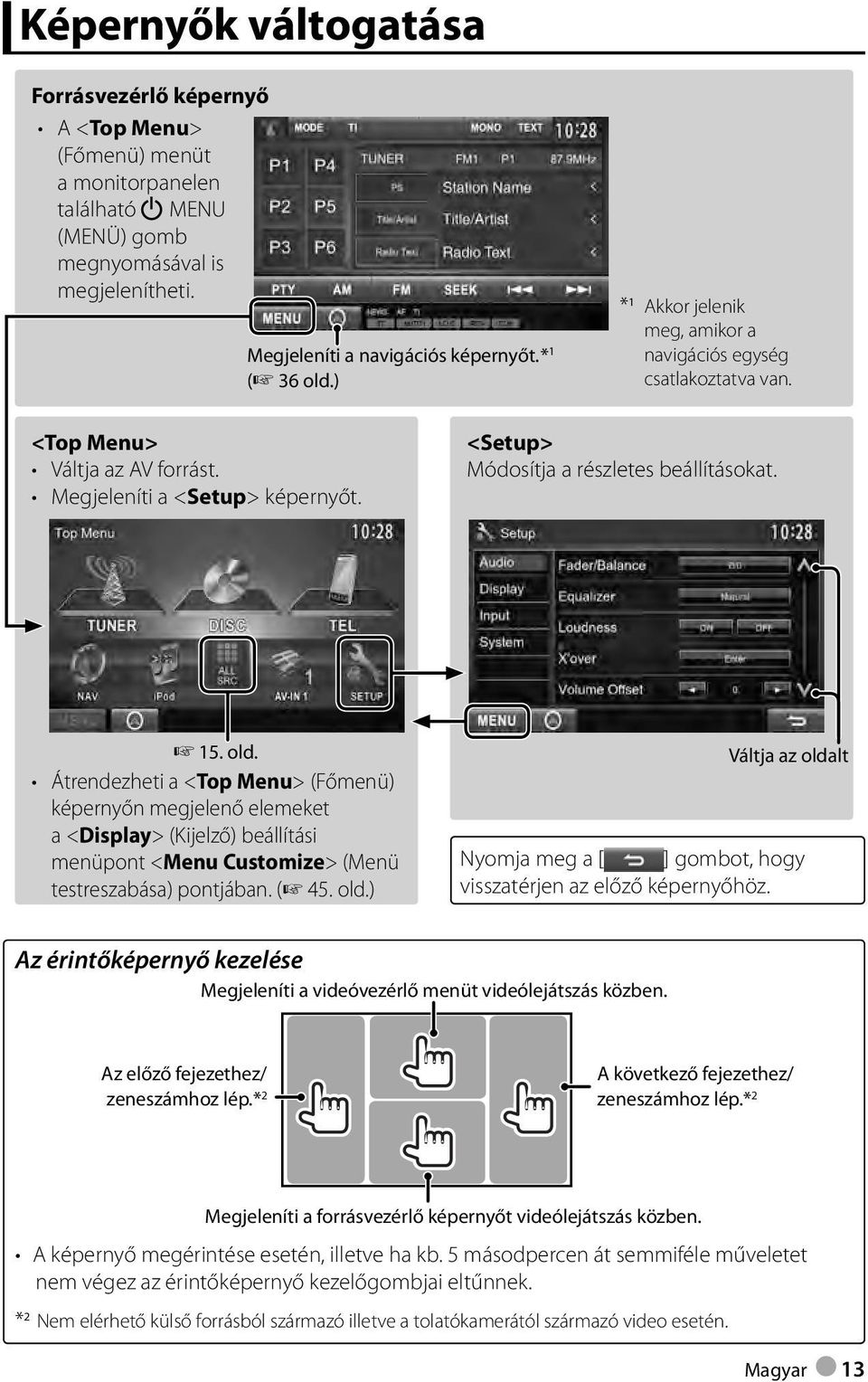 Átrendezheti a <Top Menu> (Főmenü) képernyőn megjelenő elemeket a <Display> (Kijelző) beállítási menüpont <Menu Customize> (Menü testreszabása) pontjában. ( 45. old.