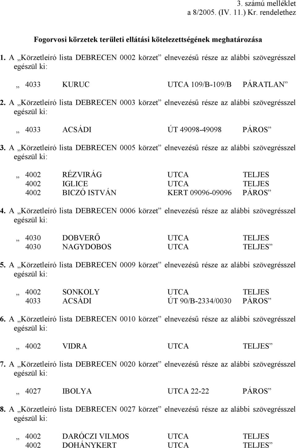 A Körzetleíró lista DEBRECEN 0003 körzet elnevezésű része az alábbi szövegrésszel 4033 ACSÁDI ÚT 49098-49098 PÁROS 3.