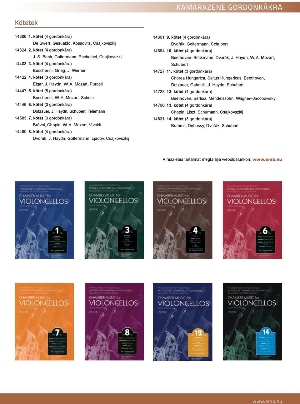 elemann 14585 7 kötet (3 gordonkára) réval, hopin, W ozart, Vivaldi 14480 8 kötet (4 gordonkára) vořák, J Haydn, Goltermann, Ljadov, sajkovszkij 14661 9 kötet (4 gordonkára) vořák, Goltermann,