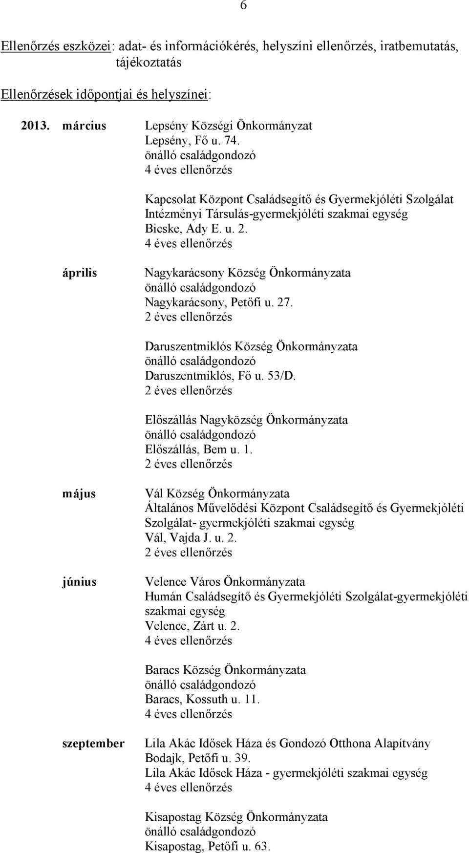 április Nagykarácsony Község Önkormányzata önálló családgondozó Nagykarácsony, Petőfi u. 27. Daruszentmiklós Község Önkormányzata önálló családgondozó Daruszentmiklós, Fő u. 53/D.