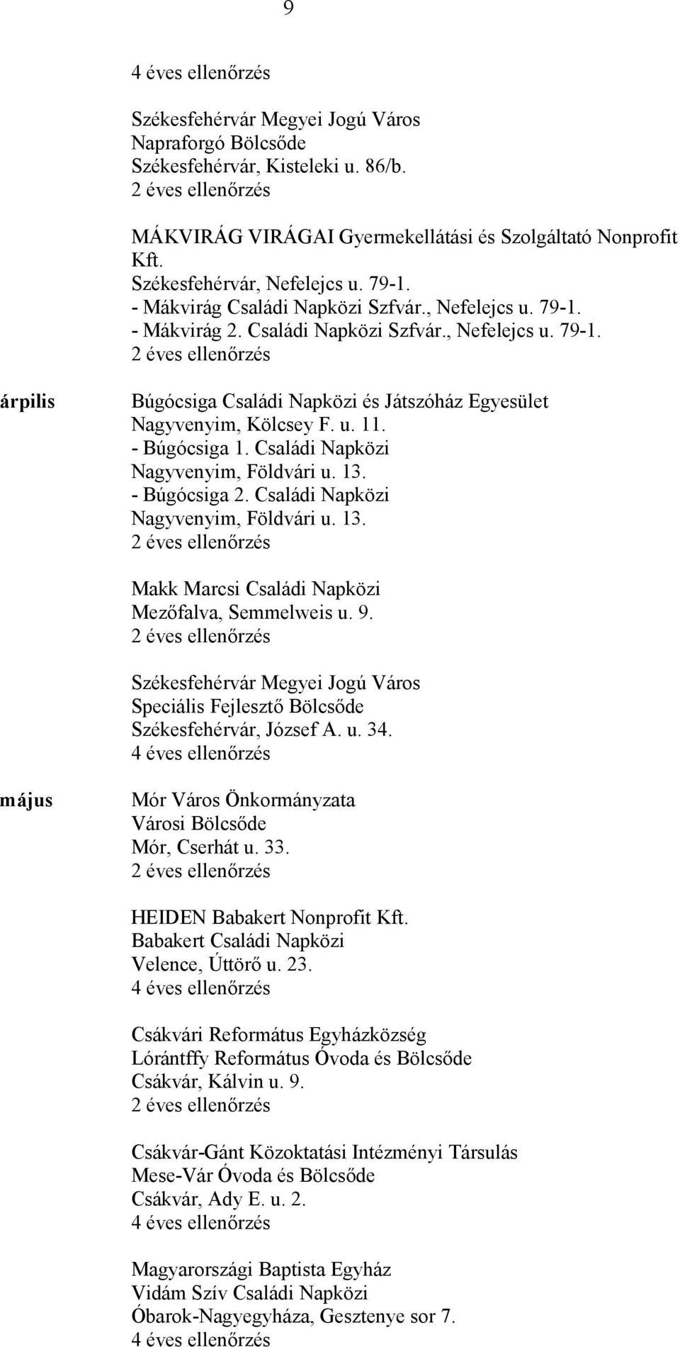 - Búgócsiga 1. Családi Napközi Nagyvenyim, Földvári u. 13. - Búgócsiga 2. Családi Napközi Nagyvenyim, Földvári u. 13. Makk Marcsi Családi Napközi Mezőfalva, Semmelweis u. 9.