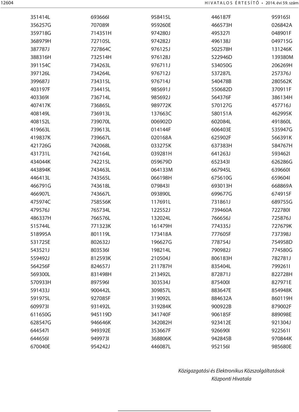 479576J 486337H 515744L 518995A 531725E 543521J 559492J 564256F 569300L 570933H 591433J 591975L 609973I 611650G 628547G 644547I 644656I 670040E 693666I 707089I 714351H 727105L 727864C 732514H 734263L