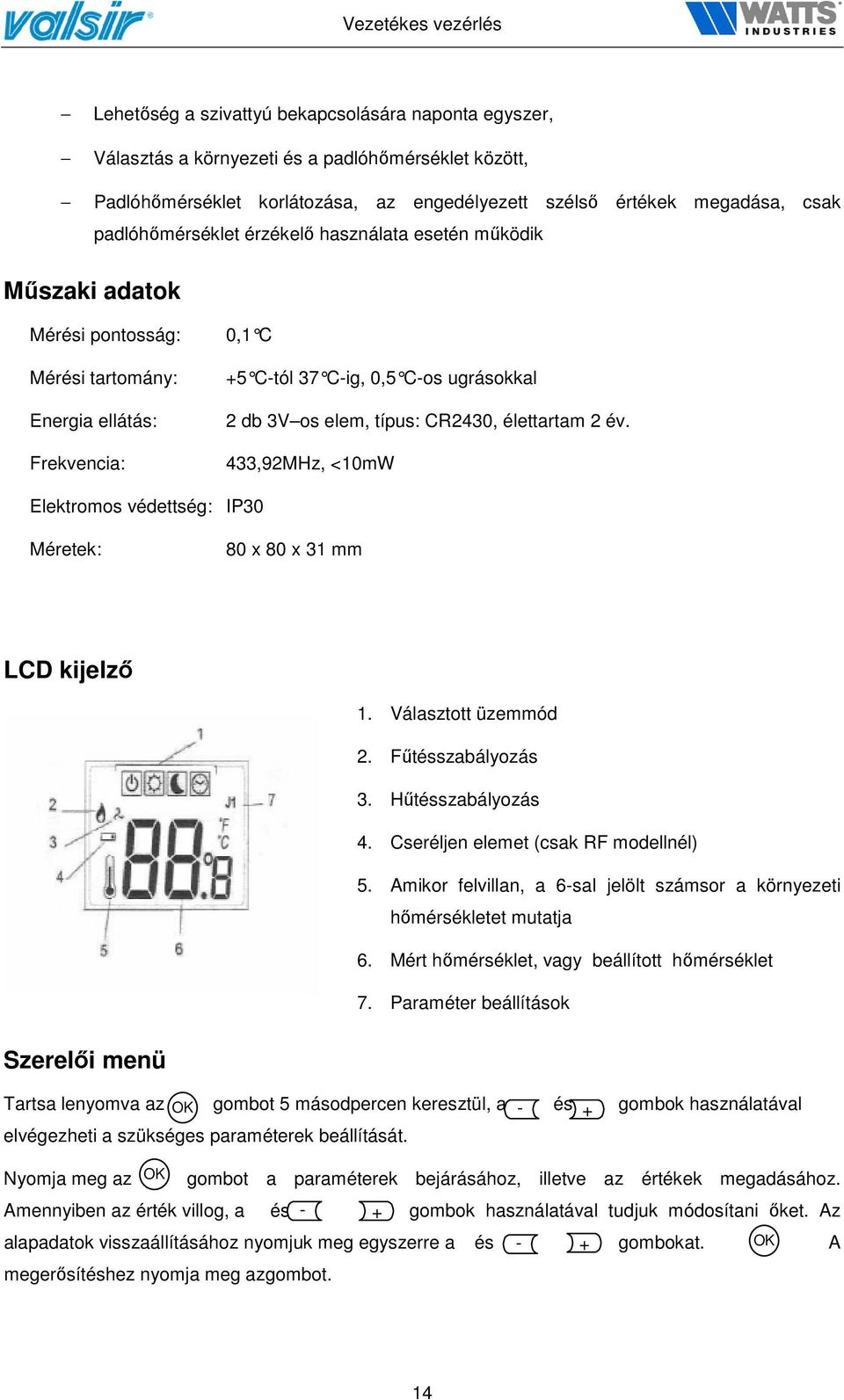 CR2430, élettartam 2 év. 433,92MHz, <10mW Elektromos védettség: IP30 Méretek: 80 x 80 x 31 mm LCD kijelző 1. Választott üzemmód 2. Fűtésszabályozás 3. Hűtésszabályozás 4.