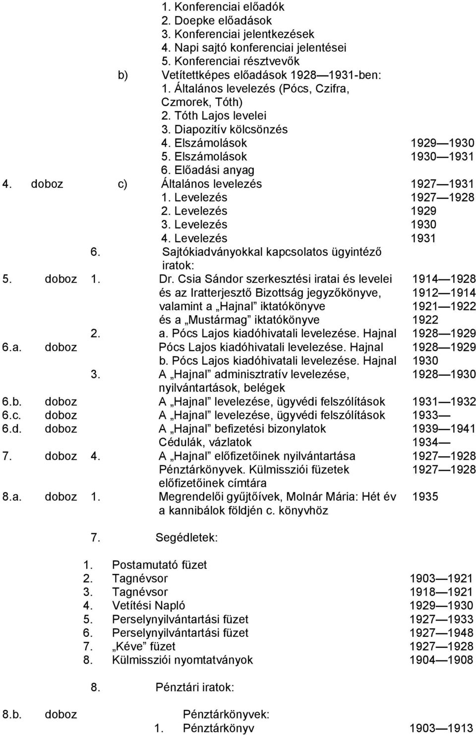 doboz c) Általános levelezés 1927 1931 1. Levelezés 1927 1928 2. Levelezés 1929 3. Levelezés 1930 4. Levelezés 1931 6. Sajtókiadványokkal kapcsolatos ügyintéző iratok: 5. doboz 1. Dr.