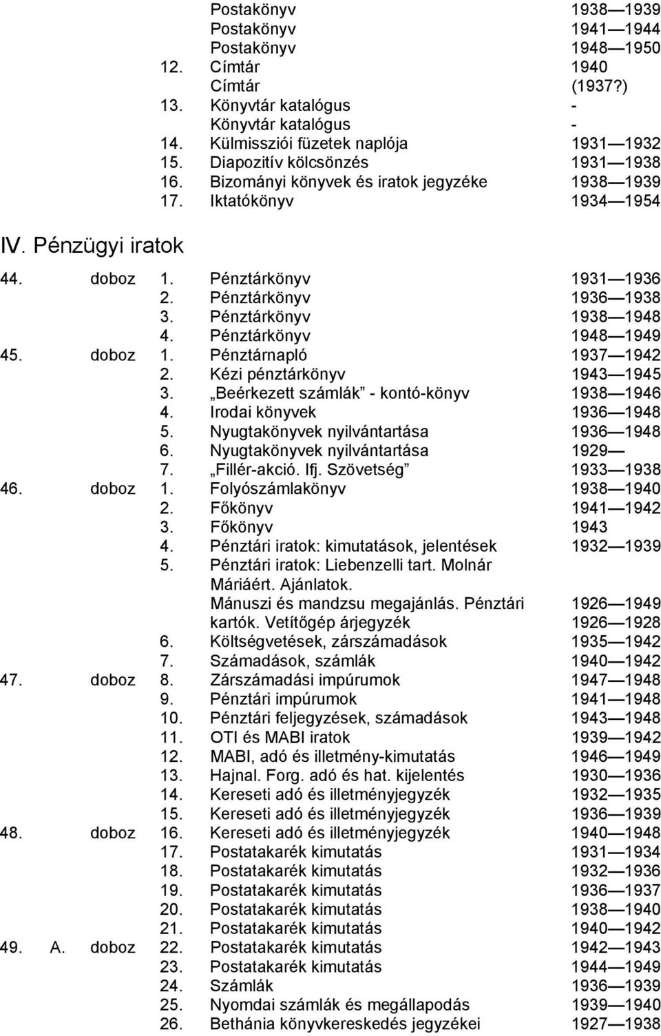Pénztárkönyv 1936 1938 3. Pénztárkönyv 1938 1948 4. Pénztárkönyv 1948 1949 45. doboz 1. Pénztárnapló 1937 1942 2. Kézi pénztárkönyv 1943 1945 3. Beérkezett számlák - kontó-könyv 1938 1946 4.