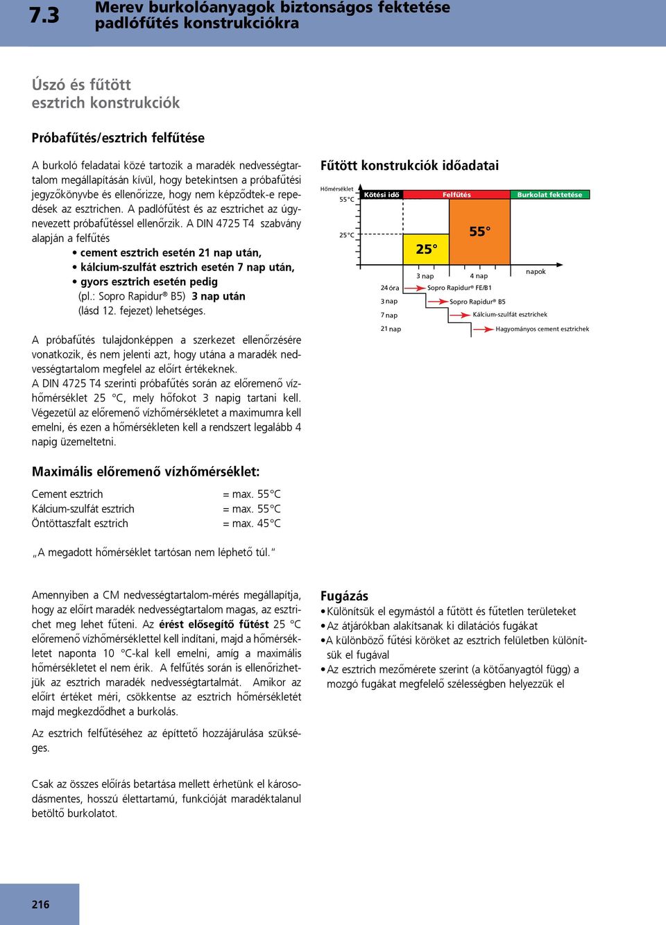 A 4725 T4 szabvány alapján a felfűtés cement esztri ch esetén 21 nap után, kálcium-szulfát esztrich esetén 7 nap után, gyors esztrich esetén pedig (pl.: Sopro Rapidur B5) 3 nap után (lásd 12.