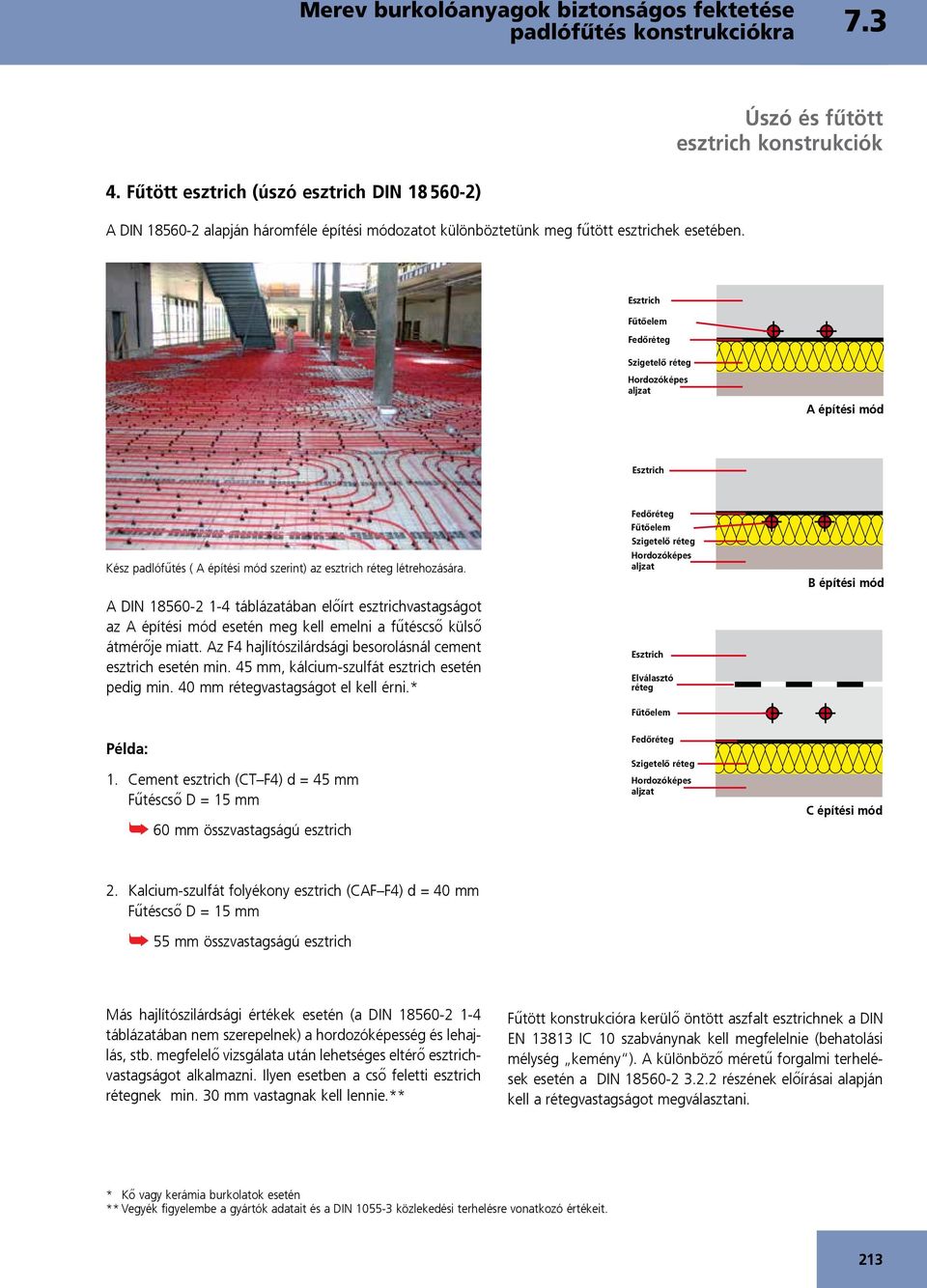 A 18560-2 1-4 táblázatában előírt esztrichvastagságot az A építési mód esetén meg kell emelni a fűtéscső külső átmérője miatt. Az F4 hajlítószilárdsági besorolásnál cement esztrich esetén min.
