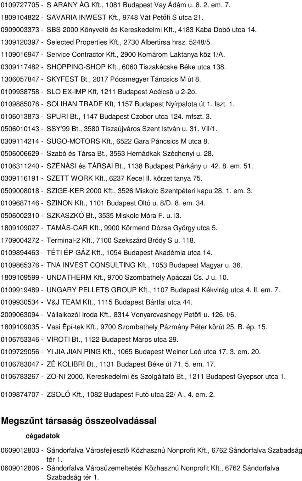 , 6060 Tiszakécske Béke utca 138. 1306057847 - SKYFEST Bt., 2017 Pócsmegyer Táncsics M út 8. 0109938758 - SLO EX-IMP Kft, 1211 Budapest Acélcső u 2-2o.
