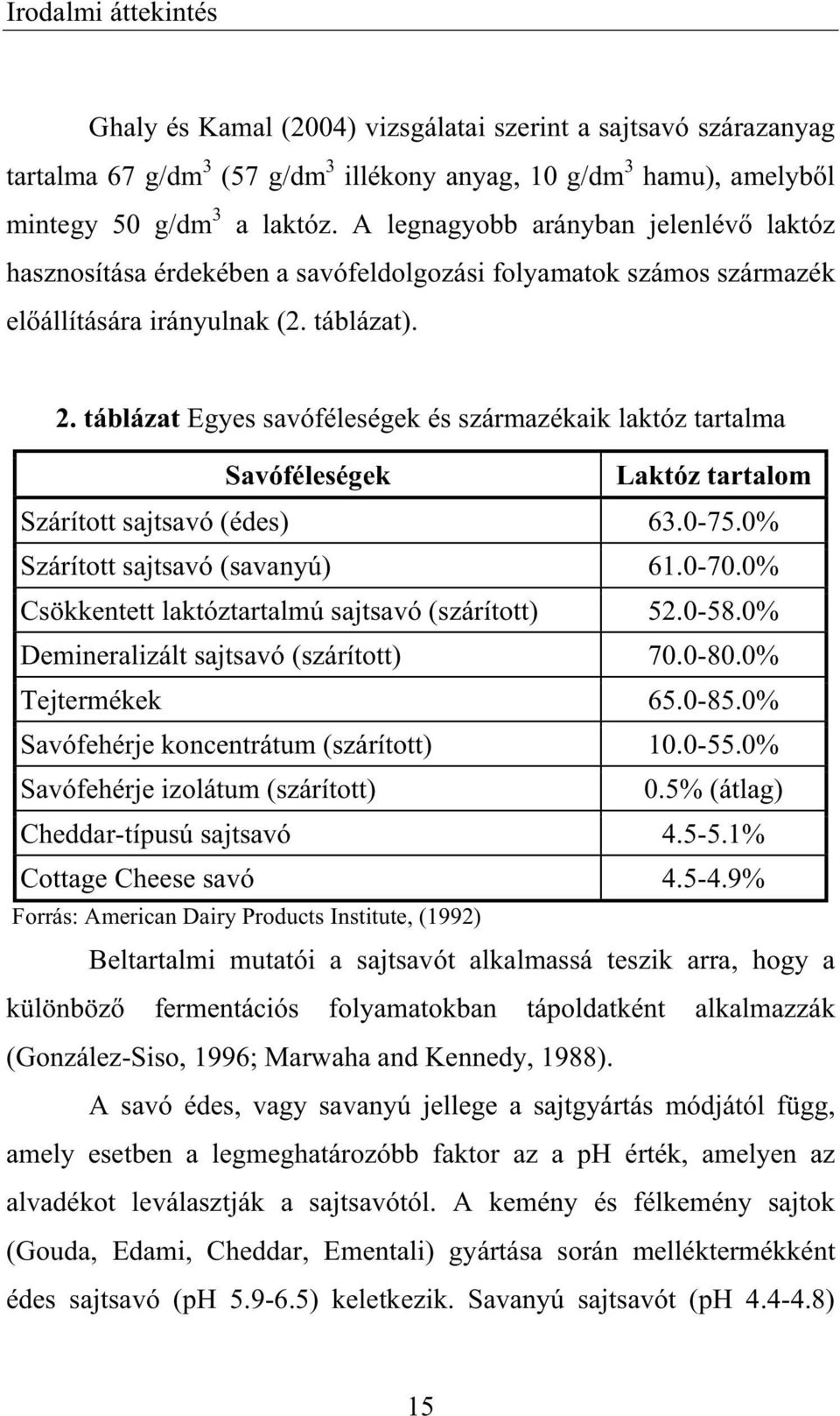 táblázat Egyes savóféleségek és származékaik laktóz tartalma Savóféleségek Laktóz tartalom Szárított sajtsavó (édes) 63.0-75.0% Szárított sajtsavó (savanyú) 61.0-70.