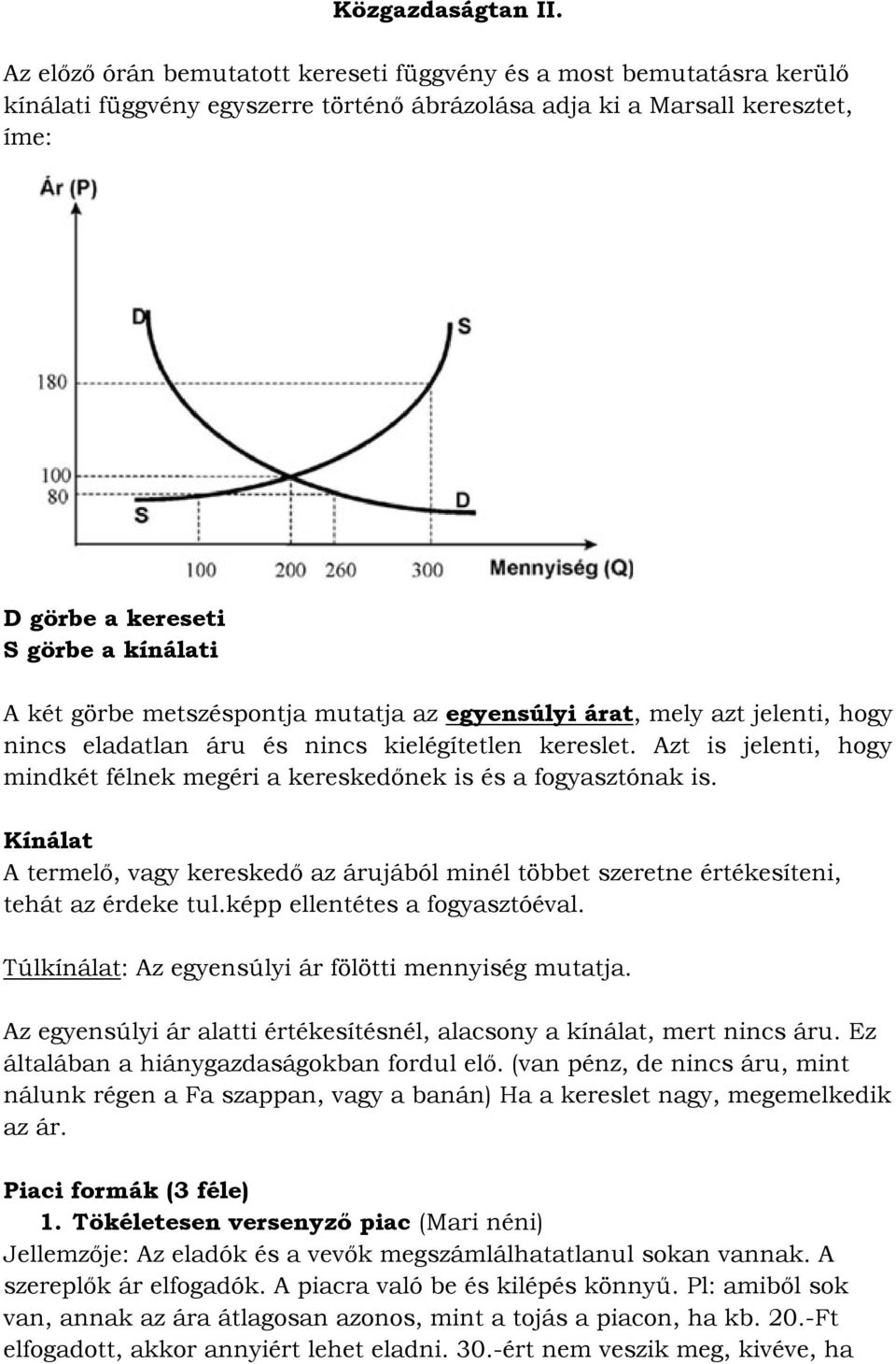 görbe metszéspontja mutatja az egyensúlyi árat, mely azt jelenti, hogy nincs eladatlan áru és nincs kielégítetlen kereslet.