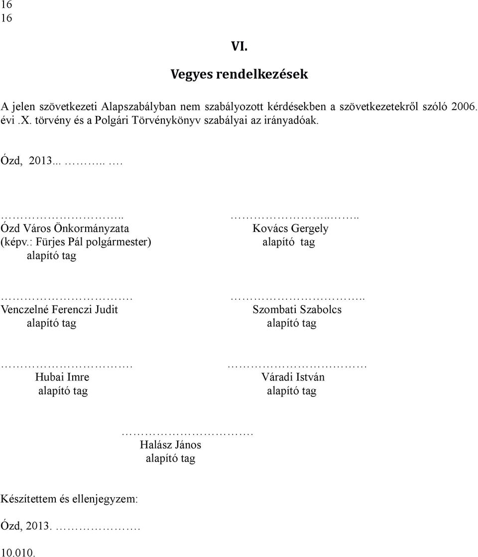 : Fürjes Pál polgármester) alapító tag alapító tag... Venczelné Ferenczi Judit Szombati Szabolcs alapító tag alapító tag.