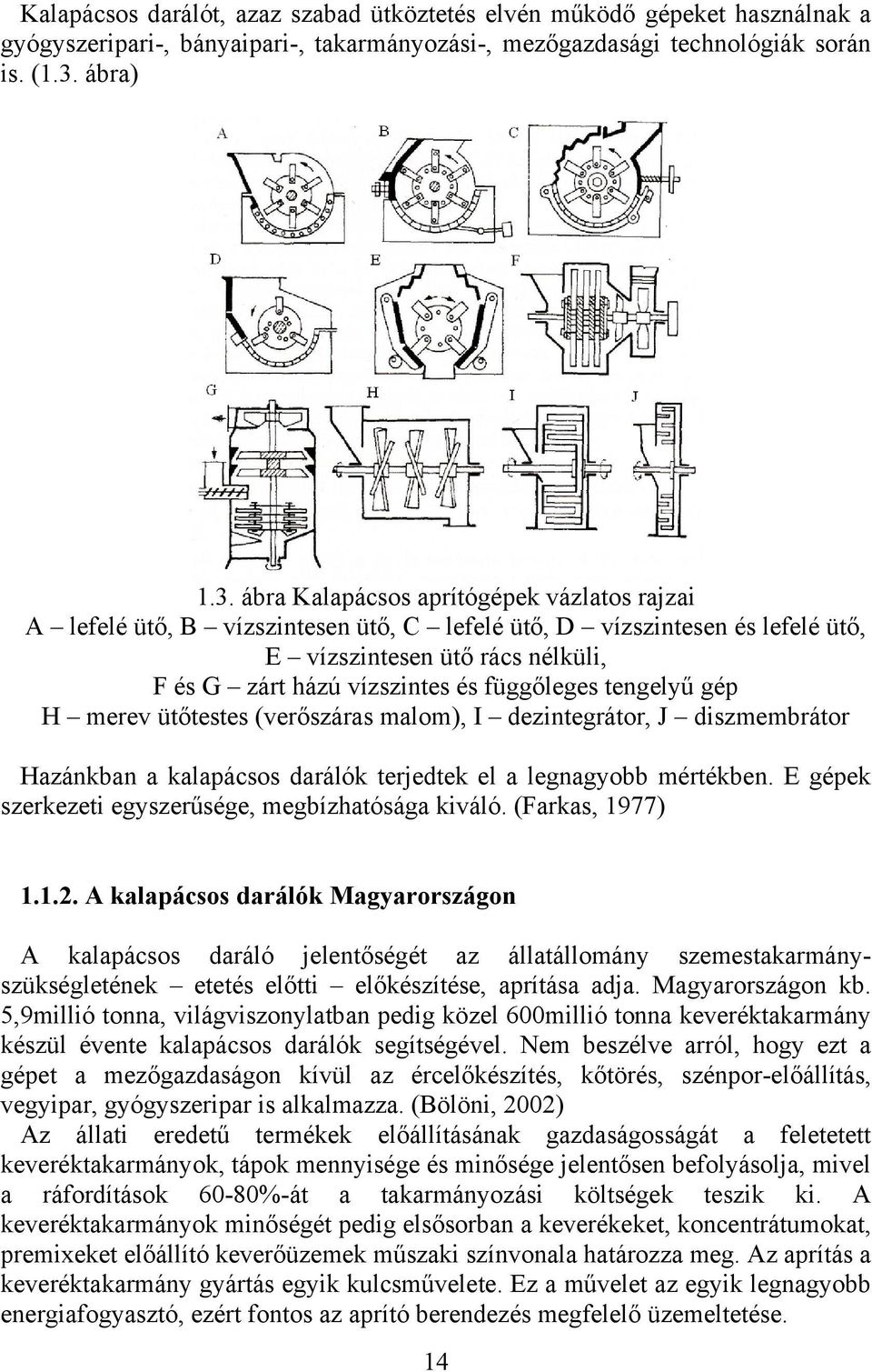 ábra Kalapácsos aprítógépek vázlatos rajzai A lefelé ütő, B vízszintesen ütő, C lefelé ütő, D vízszintesen és lefelé ütő, E vízszintesen ütő rács nélküli, F és G zárt házú vízszintes és függőleges