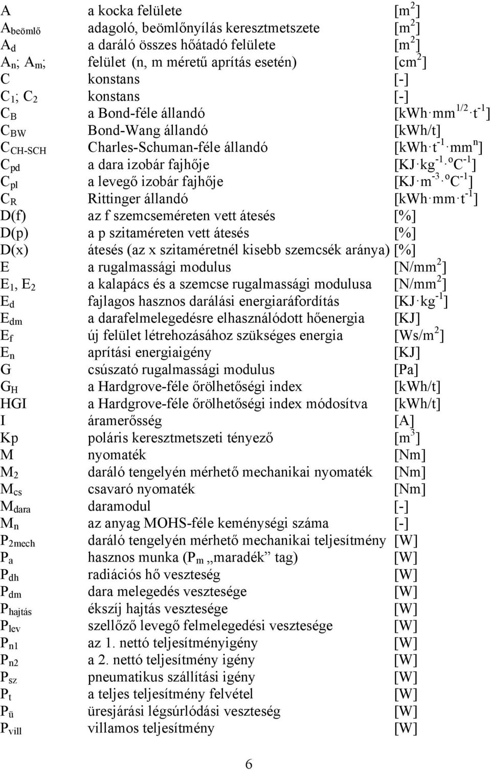 levegő izobár fajhője [KJ m -3 oc-1 ] C R Rittinger állandó [kwh mm t -1 ] D(f) az f szemcseméreten vett átesés [%] D(p) a p szitaméreten vett átesés [%] D(x) átesés (az x szitaméretnél kisebb