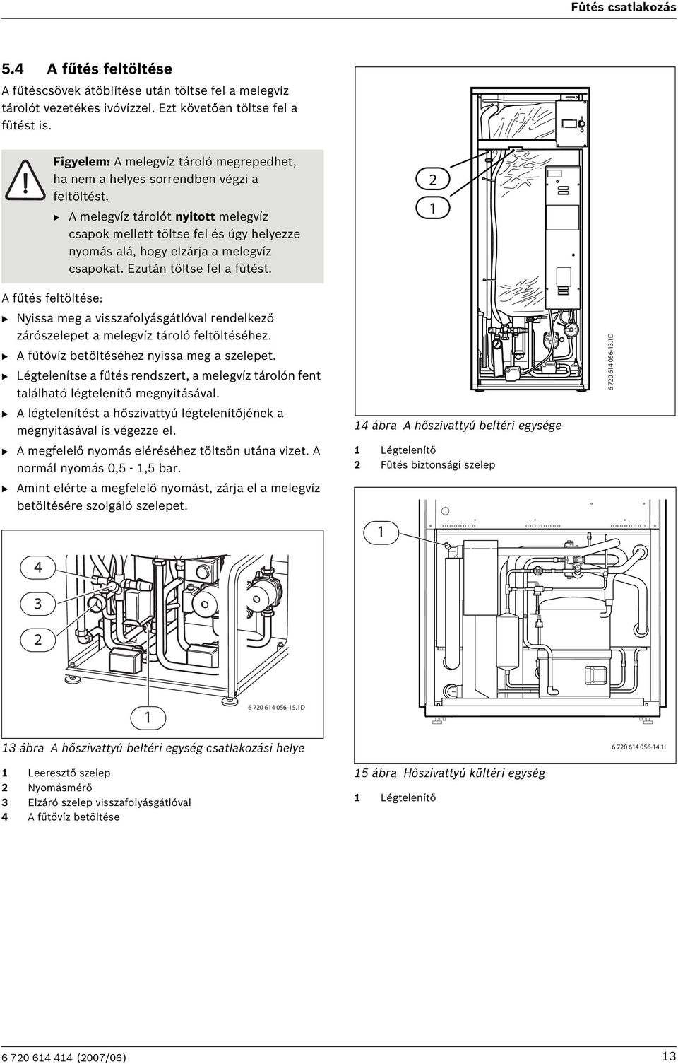 B A melegvíz tárolót nyitott melegvíz csapok mellett töltse fel és úgy helyezze nyomás alá, hogy elzárja a melegvíz csapokat. Ezután töltse fel a fűtést.