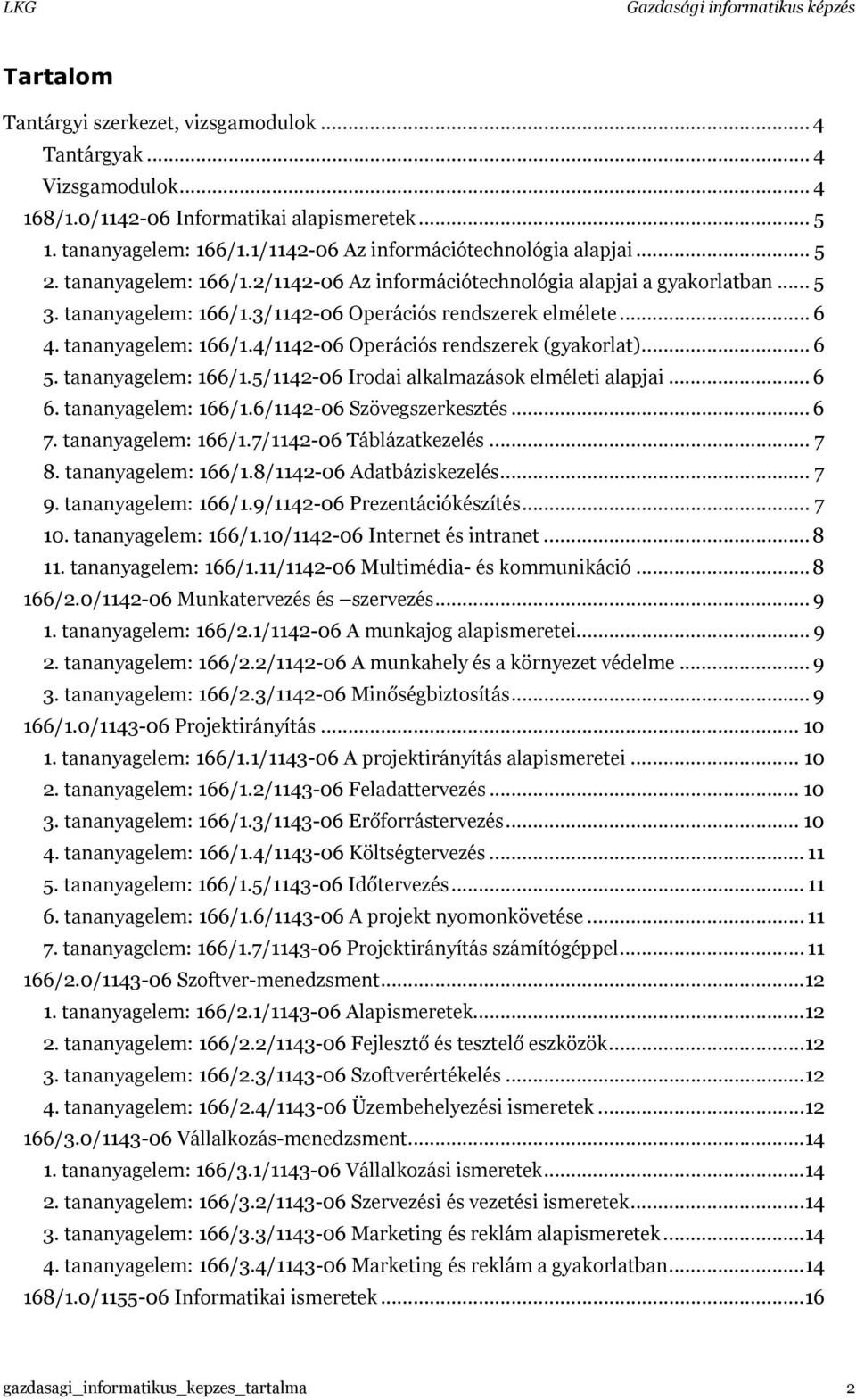 .. 6 5. tananyagelem: 166/1.5/1142-06 Irodai alkalmazások elméleti alapjai... 6 6. tananyagelem: 166/1.6/1142-06 Szövegszerkesztés... 6 7. tananyagelem: 166/1.7/1142-06 Táblázatkezelés... 7 8.