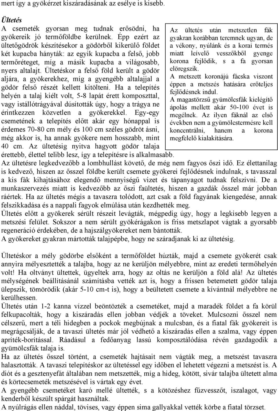Ültetéskor a felső föld került a gödör aljára, a gyökerekhez, míg a gyengébb altalajjal a gödör felső részét kellett kitölteni.