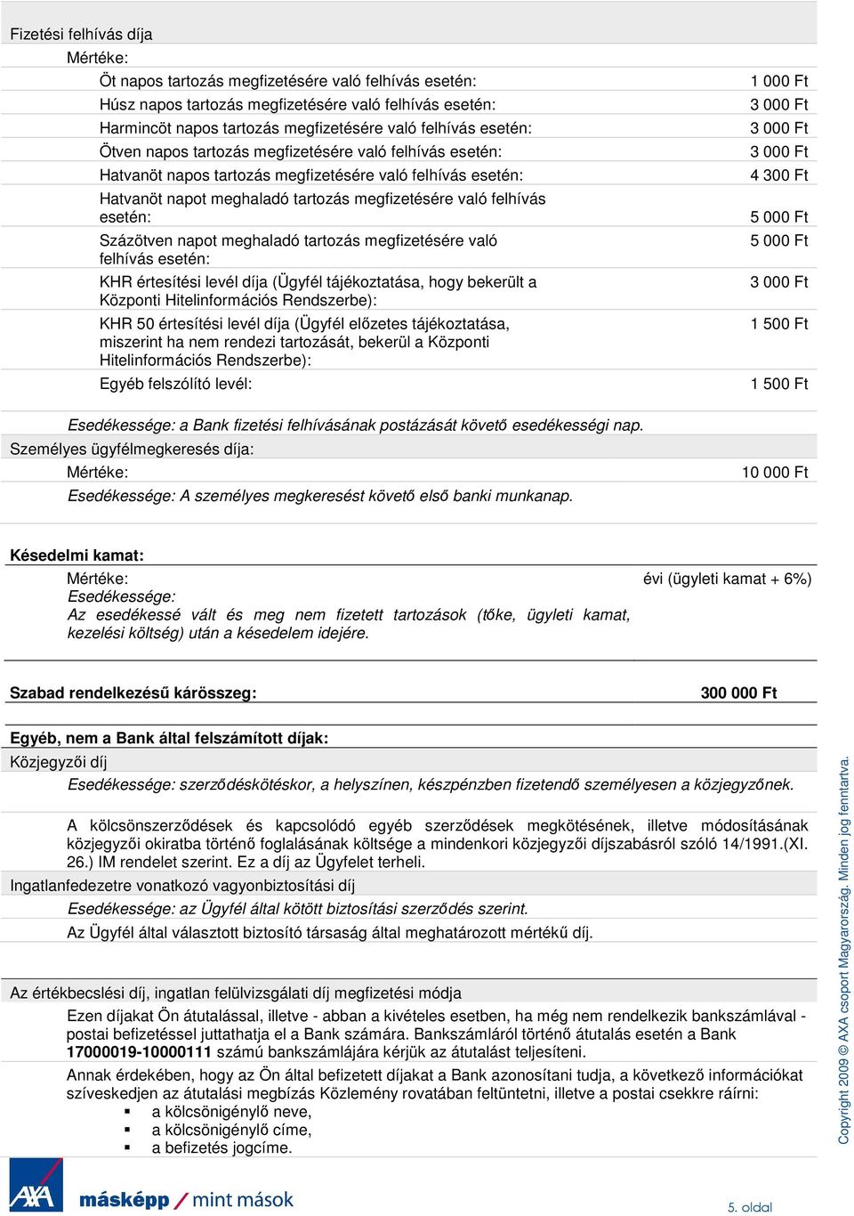meghaladó tartozás megfizetésére való felhívás esetén: KHR értesítési levél díja (Ügyfél tájékoztatása, hogy bekerült a Központi Hitelinformációs Rendszerbe): KHR 50 értesítési levél díja (Ügyfél