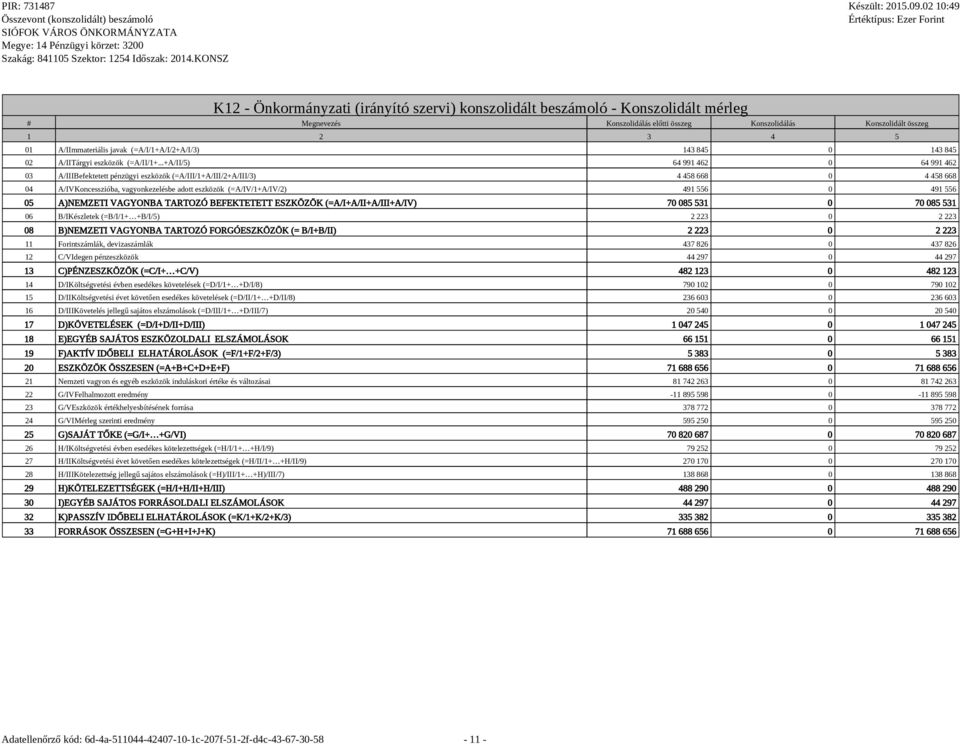 0 491 556 05 A)NEMZETI VAGYONBA TARTOZÓ BEFEKTETETT ESZKÖZÖK (=A/I+A/II+A/III+A/IV) 70 085 531 0 70 085 531 06 B/IKészletek (=B/I/1+ +B/I/5) 2 223 0 2 223 08 B)NEMZETI VAGYONBA TARTOZÓ FORGÓESZKÖZÖK