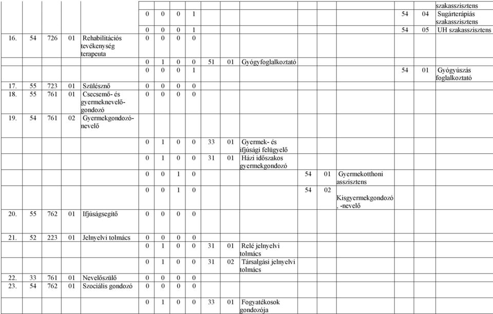 foglalkoztató 0 1 0 0 33 01 Gyermek- és ifjúsági felügyelő 0 1 0 0 31 01 Házi időszakos gyermekgondozó 0 0 1 0 54 01 Gyermekotthoni asszisztens 0 0 1 0 54 02 Kisgyermekgondozó,