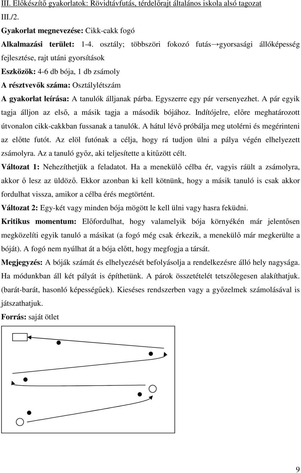 álljanak párba. Egyszerre egy pár versenyezhet. A pár egyik tagja álljon az első, a másik tagja a második bójához. Indítójelre, előre meghatározott útvonalon cikk-cakkban fussanak a tanulók.