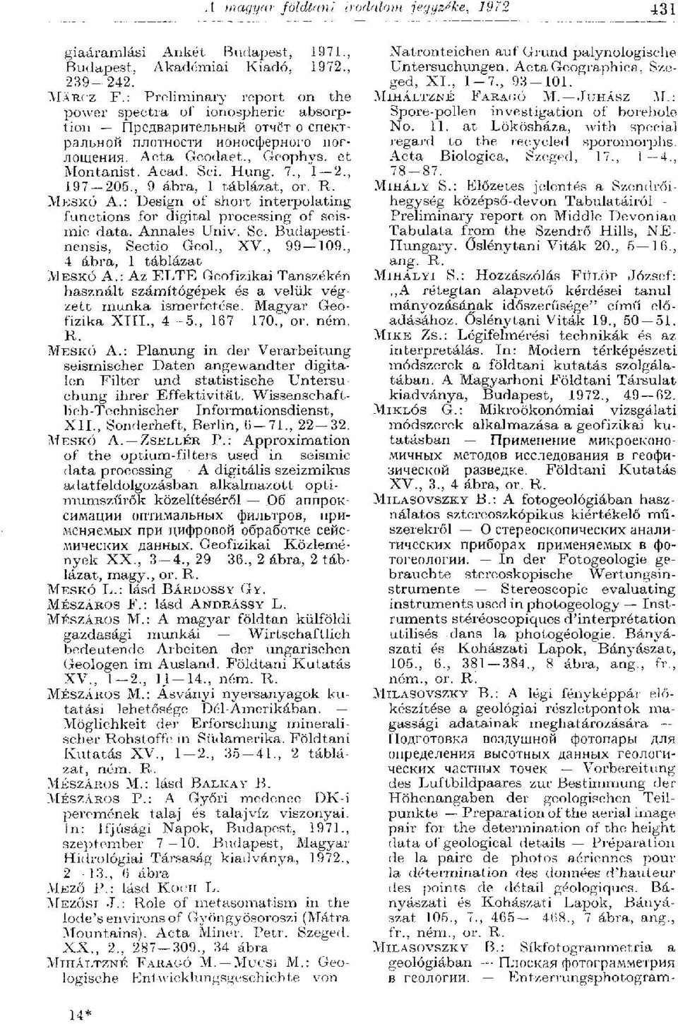 , 1 2., 197 205., 9 ábra, 1 táblázat, MESKÓ A.: Design of short interpolating functions for digital processing of seismic data. Annales Univ. Sc. Budapestinensis, Sectio Geol., XV., 99 109.