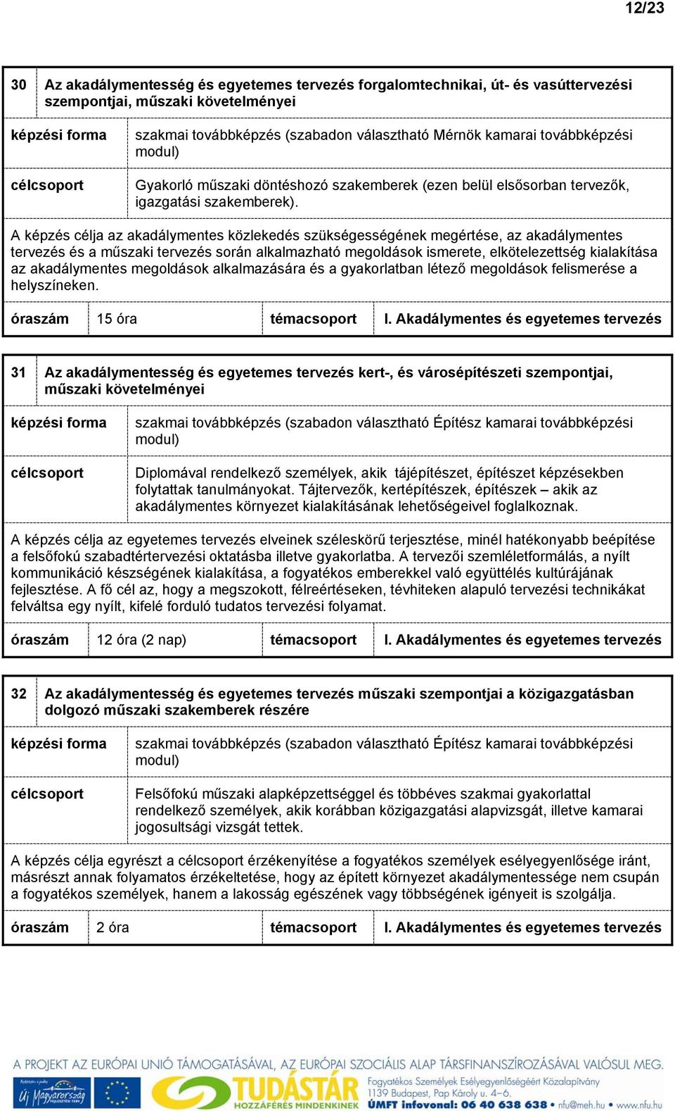 A képzés célja az akadálymentes közlekedés szükségességének megértése, az akadálymentes tervezés és a műszaki tervezés során alkalmazható megoldások ismerete, elkötelezettség kialakítása az