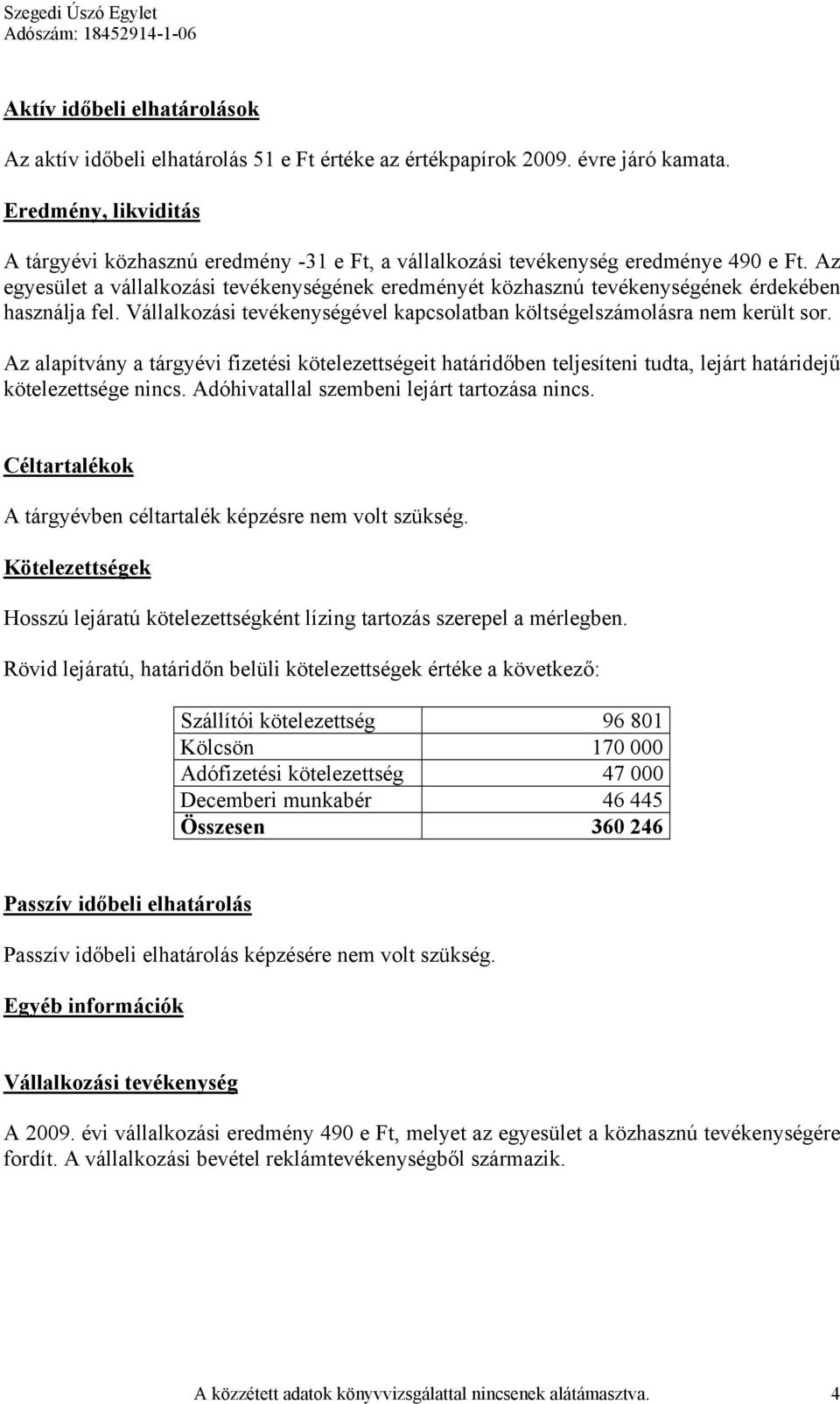 Az egyesület a vállalkozási tevékenységének eredményét közhasznú tevékenységének érdekében használja fel. Vállalkozási tevékenységével kapcsolatban költségelszámolásra nem került sor.