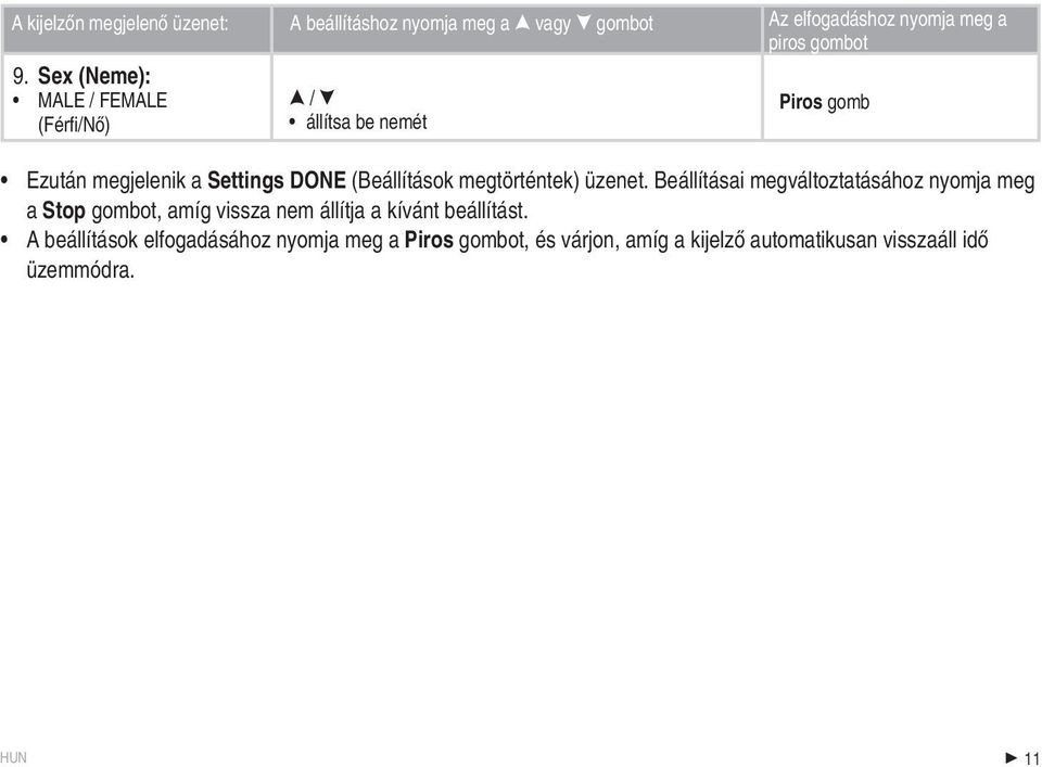 Settings DONE (Beállítások megtörténtek) üzenet.