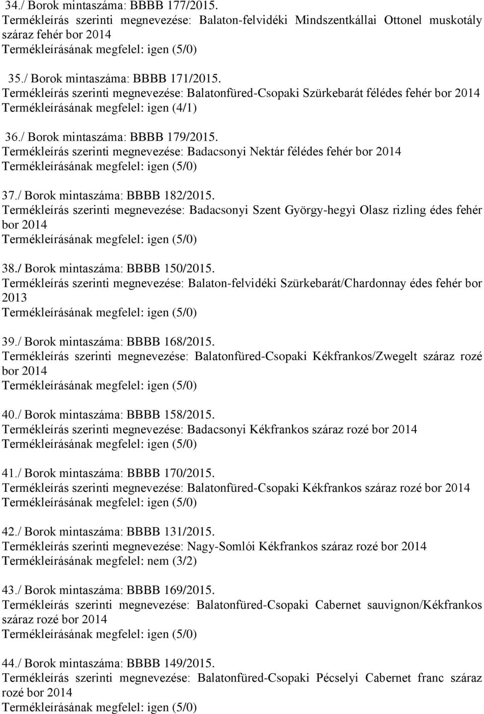 Termékleírás szerinti megnevezése: Badacsonyi Nektár félédes fehér 37./ Borok mintaszáma: BBBB 182/2015. Termékleírás szerinti megnevezése: Badacsonyi Szent György-hegyi Olasz rizling édes fehér 38.
