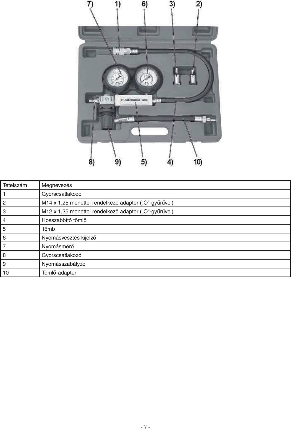 adapter ( O -gyűrűvel) 4 Hosszabbító tömlő 5 Tömb 6 Nyomásvesztés