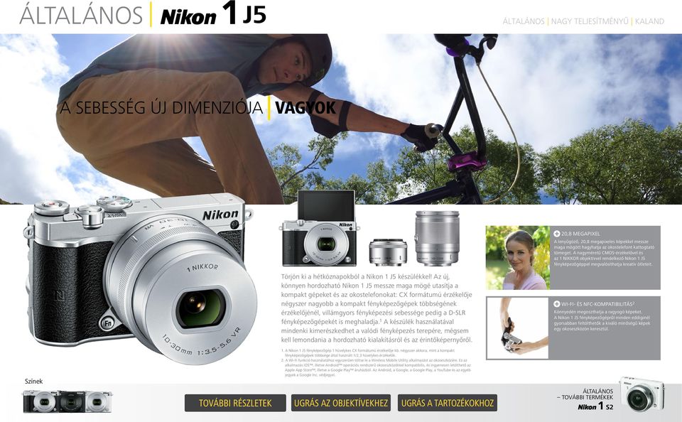 Az új, könnyen hordozható Nikon 1 J5 messze maga mögé utasítja a kompakt gépeket és az okostelefonokat: CX formátumú érzékelője négyszer nagyobb a kompakt fényképezőgépek többségének érzékelőjénél,