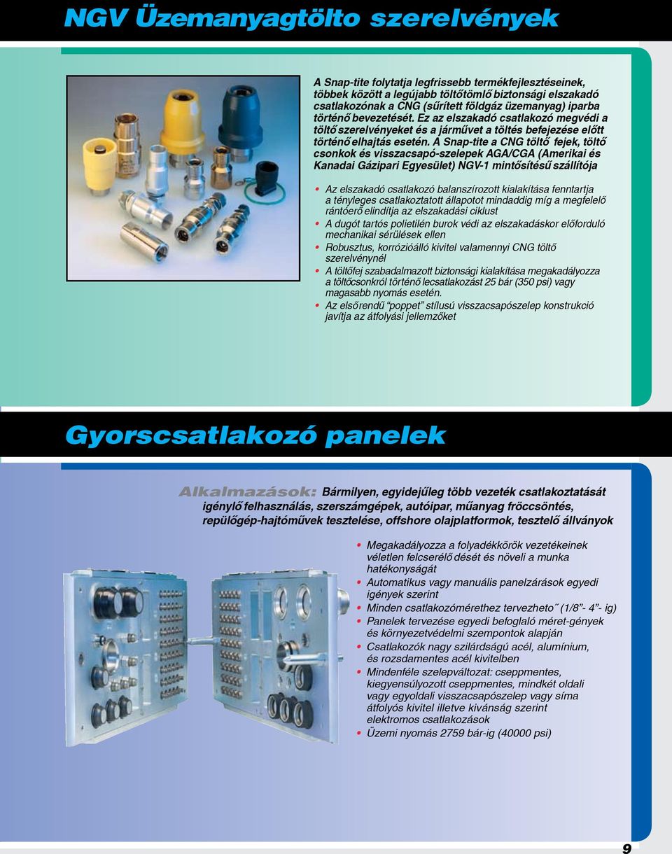 A Snap-tite a CNG töltő fejek, töltő csonkok és visszacsapó-szelepek AGA/CGA (Amerikai és Kanadai Gázipari Egyesület) NGV-1 mintősítésű szállítója Az elszakadó csatlakozó balanszírozott kialakítása