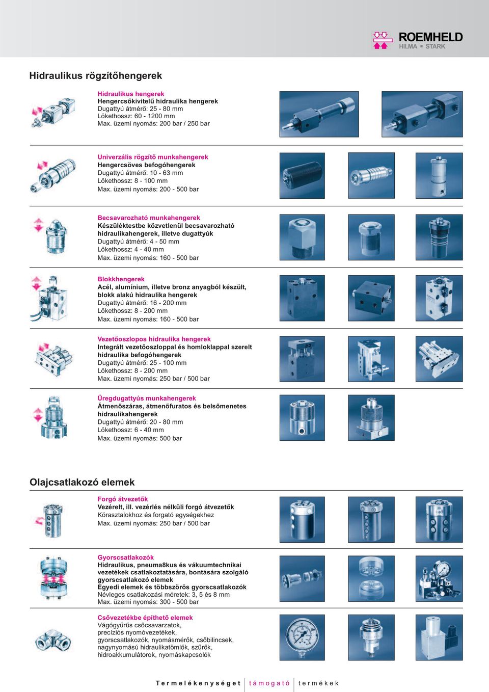 üzemi nyomás: 200-500 bar Becsavarozható munkahengerek Készüléktestbe közvetlenül becsavarozható hidraulikahengerek, illetve dugattyúk Dugattyú átmérő: 4-50 mm Lökethossz: 4-40 mm Max.